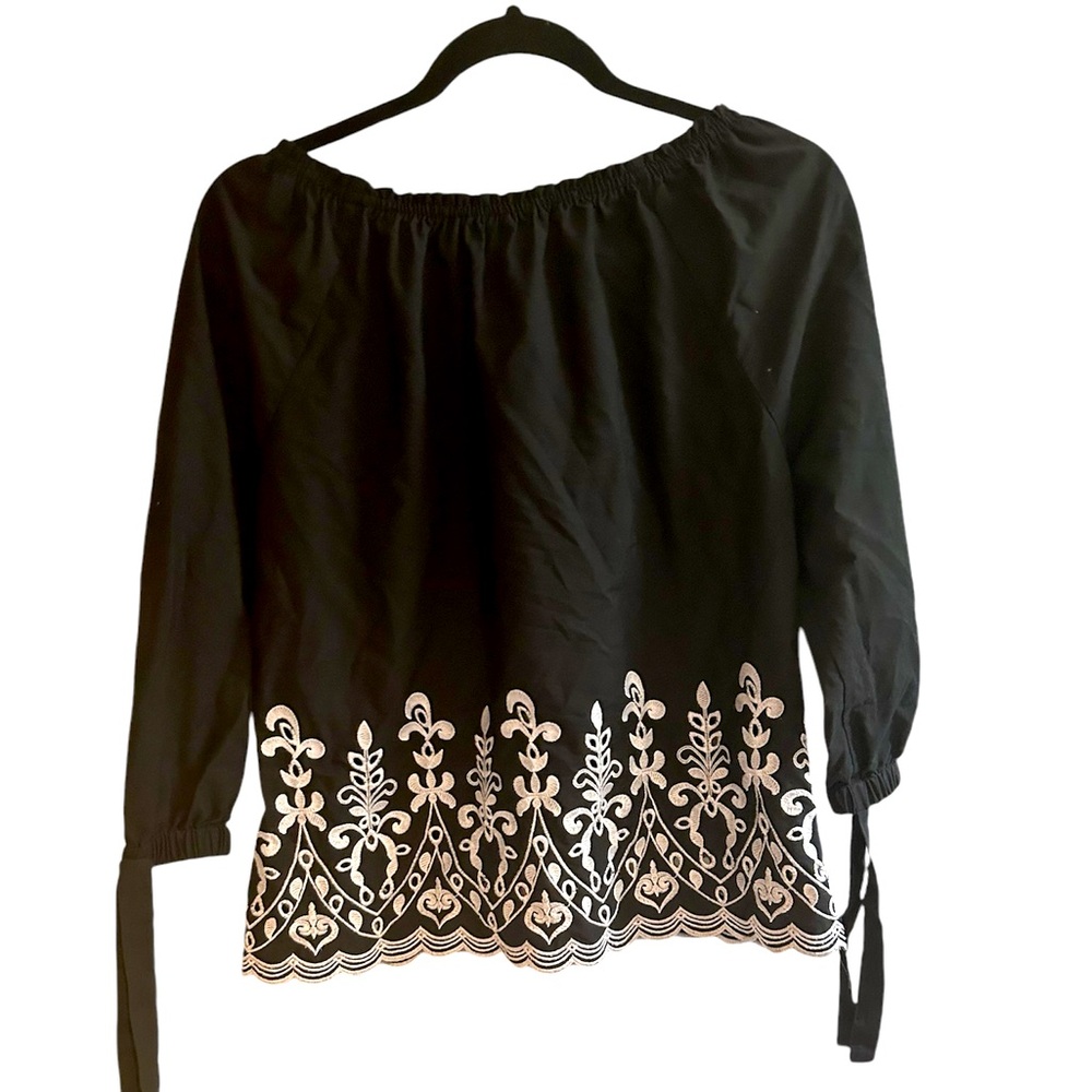 Time and True black top with embroidered details. Size M (8-10).